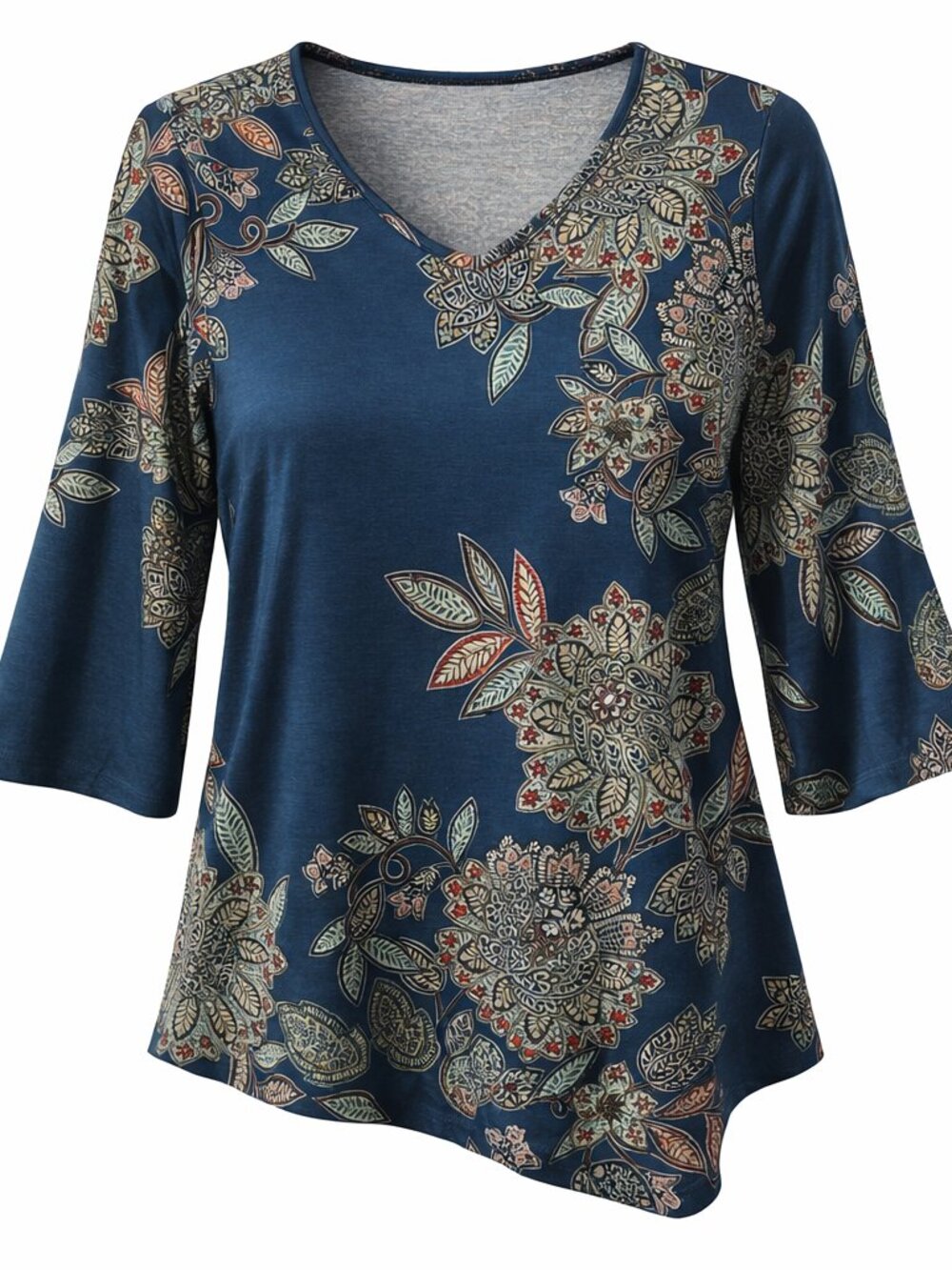 Christopher & Banks Top BOHO Romantic Artful 3/4 slv Blue Floral Medium stretch